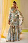 Buy_Priyanka Singh_Blue Cotton, Mul Silk Floral, Mukaish Work, Sequins, Print Kurta Gharara Set _Online_at_Aza_Fashions