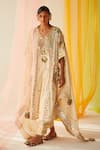 Buy_Priyanka Singh_White Cotton, Mul Silk Mukaish , Sequins, Zardozi V Neck Kurta Set _at_Aza_Fashions