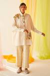 Buy_Priyanka Singh_White Cotton Sequins, Thread Work Straight Collar Embroidered Shirt And Pant Set _at_Aza_Fashions