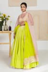 Buy_Madzin_Green , Chanderi Floral, Gota V Neck Embroidered Lehenga Set _at_Aza_Fashions
