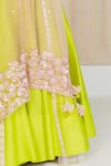 Madzin_Green , Chanderi Floral, Gota V Neck Embroidered Lehenga Set _at_Aza_Fashions