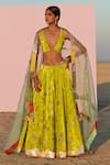 Buy_Rajiramniq_Green Silk Velvet Printed Floral Plunge Neck Lehenga Set _Online_at_Aza_Fashions