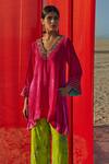 Rajiramniq_Green Organza, Silk Velvet Bead , Floral, Thread V Kurta Palazzo Set _Online_at_Aza_Fashions