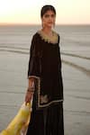 Rajiramniq_Black Silk Velvet Embroidered Thread Work Round Kurta Gharara Set _Online_at_Aza_Fashions