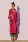 Buy_Rajiramniq_Pink Silk Velvet Embroidered Thread Work Blunt V Neck Kurta Palazzo Set _at_Aza_Fashions