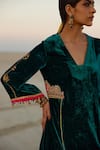 Rajiramniq_Green Silk Velvet Embroidered Thread Work Blunt V Neck Kurta And Pant Set _Online_at_Aza_Fashions