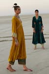 Shop_Rajiramniq_Yellow Silk Velvet Embroidered Thread Work V Neck Kurta And Palazzo Set _at_Aza_Fashions