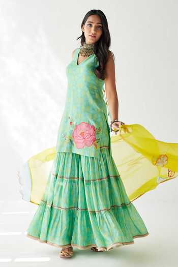 Shop_Rajiramniq_Green Cotton , Kota Thread Work, Shell Print V Neck Kurta Gharara Set _Online_at_Aza_Fashions