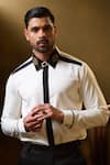 Shop_Ritu & Abhishek_White Fine Suiting Embroidered Owl Colorblock Shirt  _at_Aza_Fashions