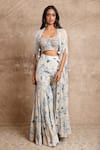 Shop_Arpita Mehta_Blue Crepe Silk Floral Print Cape And Sharara Set_Online_at_Aza_Fashions
