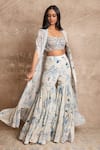 Buy_Arpita Mehta_Blue Crepe Silk Floral Print Cape And Sharara Set_Online_at_Aza_Fashions