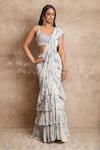 Buy_Arpita Mehta_Blue Floral Print Pre-draped Saree Set For Women_at_Aza_Fashions
