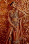 Shop_Nirmooha_Brown Nokia Silk Embroidery Beads And Cutdana V Neck Lehenga Set _Online_at_Aza_Fashions