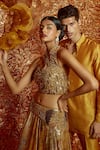 Shop_Nirmooha_Yellow Lurex Embroidery And Print Beads Halter Lehenga Set _Online_at_Aza_Fashions