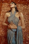 Shop_Nirmooha_Grey Chiffon Print And Embroidery Abstract & Cording Pre-draped Saree With Blouse _at_Aza_Fashions