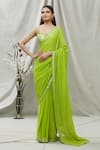 Ranian_Green Silk Georgette Embroidered Zari Work Square Neck Woven Saree With Blouse _Online_at_Aza_Fashions