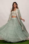 Vara by Vibha n Priti_Blue Organza Hand Embroidered Bead Work Round Scallop Cape Lehenga Set _Online_at_Aza_Fashions