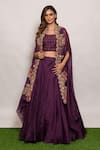 Buy_Vara by Vibha n Priti_Purple Organza Hand Embroidered Thread Work Square Neck Cape Lehenga Set _at_Aza_Fashions