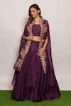 Vara by Vibha n Priti_Purple Organza Hand Embroidered Thread Work Square Neck Cape Lehenga Set _Online_at_Aza_Fashions