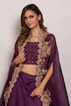 Buy_Vara by Vibha n Priti_Purple Organza Hand Embroidered Thread Work Square Neck Cape Lehenga Set _Online_at_Aza_Fashions