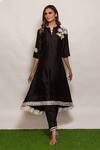 Shop_Vara by Vibha n Priti_Black Muga Silk Placement Embroidered Kurta And Pant Set_Online_at_Aza_Fashions