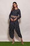 Buy_Vara by Vibha n Priti_Blue Habutai Silk Printed Bandhani Round Dhoti Style Jumpsuit _Online_at_Aza_Fashions