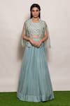 Buy_Vara by Vibha n Priti_Blue Organza Hand Embroidered Bead Work Round Scallop Jacket Lehenga Set _at_Aza_Fashions