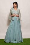 Vara by Vibha n Priti_Blue Organza Hand Embroidered Bead Work Round Scallop Jacket Lehenga Set _Online_at_Aza_Fashions