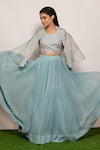 Buy_Vara by Vibha n Priti_Blue Organza Hand Embroidered Bead Work Round Scallop Jacket Lehenga Set _Online_at_Aza_Fashions