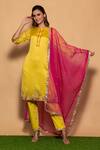 Buy_Vara By Vibha N Priti_Yellow Muga Silk Thread Work Round Placement Embroidered Kurta Set _Online_at_Aza_Fashions