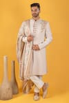 Buy_Soniya G_Beige Silk Embroidered Floral Sherwani Set _at_Aza_Fashions