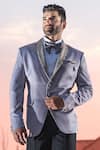 Shop_Soniya G_Grey Suede Embroidered Sequin Shawl Lapel Tuxedo And Pant Set _at_Aza_Fashions