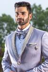 Shop_Soniya G_Grey Suede Embroidered Sequin Shawl Lapel Tuxedo And Pant Set For Men_Online_at_Aza_Fashions