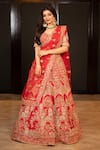 Shop_Kalighata_Red Raw Silk Embroidered Zardozi Work Sweetheart Luchnowni Bridal Lehenga Set _at_Aza_Fashions