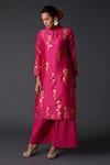 Buy_Balance By Rohit Bal_Pink Cotton, Chanderi Silk Floral Mandarin Collar Kurta And Palazzo Set _at_Aza_Fashions