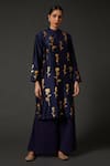 Buy_Balance by Rohit Bal_Blue Cotton, Chanderi Silk Floral Mandarin Collar Printed Kurta And Palazzo Set _at_Aza_Fashions