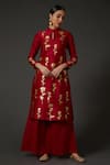 Buy_Balance by Rohit Bal_Red Silk Chanderi Block Print Floral Mandarin Kurta And Palazzo Set  _at_Aza_Fashions