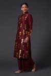 Buy_Balance by Rohit Bal_Maroon Silk Chanderi Block Print Floral Mandarin Kurta And Palazzo Set  _at_Aza_Fashions