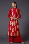 Buy_Balance by Rohit Bal_Red Silk Chanderi Block Print Paisley Mandarin Kurta And Palazzo Set  _at_Aza_Fashions