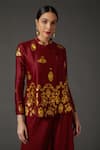 Balance by Rohit Bal_Maroon Chanderi Silk Block Print Floral Mandarin Collar Tunic  _Online_at_Aza_Fashions