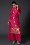 Buy_Balance by Rohit Bal_Pink Chanderi Silk Block Print Floral Mandarin Kurta And Palazzo Set  _at_Aza_Fashions