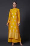 Buy_Balance by Rohit Bal_Yellow Silk Chanderi Block Print Floral Mandarin Kurta And Palazzo Set  _at_Aza_Fashions