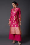 Buy_Balance by Rohit Bal_Pink Silk Chanderi Block Print Floral Mandarin Kurta And Palazzo Set  _at_Aza_Fashions