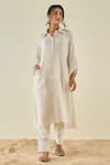 Shop_Lahario_White Cotton Striped Collared Neck Kurta And Pant Set _at_Aza_Fashions