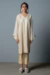 Buy_Pooja Rajgarhia Gupta_White Georgette, Cotton Satin Cutdana Work, Mirror Work, Cleo Pheran And Pant Set _at_Aza_Fashions