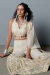 Pooja Rajgarhia Gupta White Georgette Block Print, Sequins, Shells V Neck Mosaic Cape Sharara Set at Aza Fashions Pooja Rajgarhia Gupta_White Georgette Block Print, Sequins, Shells V Neck Mosaic Cape Sharara Set _at_Aza_Fashions