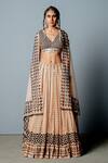 Buy_Pooja Rajgarhia Gupta_Beige Organza, Georgette Block Print, Sequins V Neck Zenobia Lehenga Set _at_Aza_Fashions