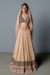 Buy_Pooja Rajgarhia Gupta_Beige Organza, Georgette Block Print, Sequins V Neck Zenobia Lehenga Set _Online_at_Aza_Fashions
