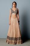 Shop_Pooja Rajgarhia Gupta_Beige Organza, Georgette Block Print, Sequins V Neck Zenobia Lehenga Set _Online_at_Aza_Fashions