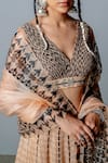 Pooja Rajgarhia Gupta_Beige Organza, Georgette Block Print, Sequins V Neck Zenobia Lehenga Set _at_Aza_Fashions